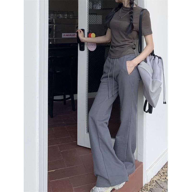 Sports drawstring gray micro-flare yoga high-waisted casual pants for women spring 2024 new style simple temperament versatile pants