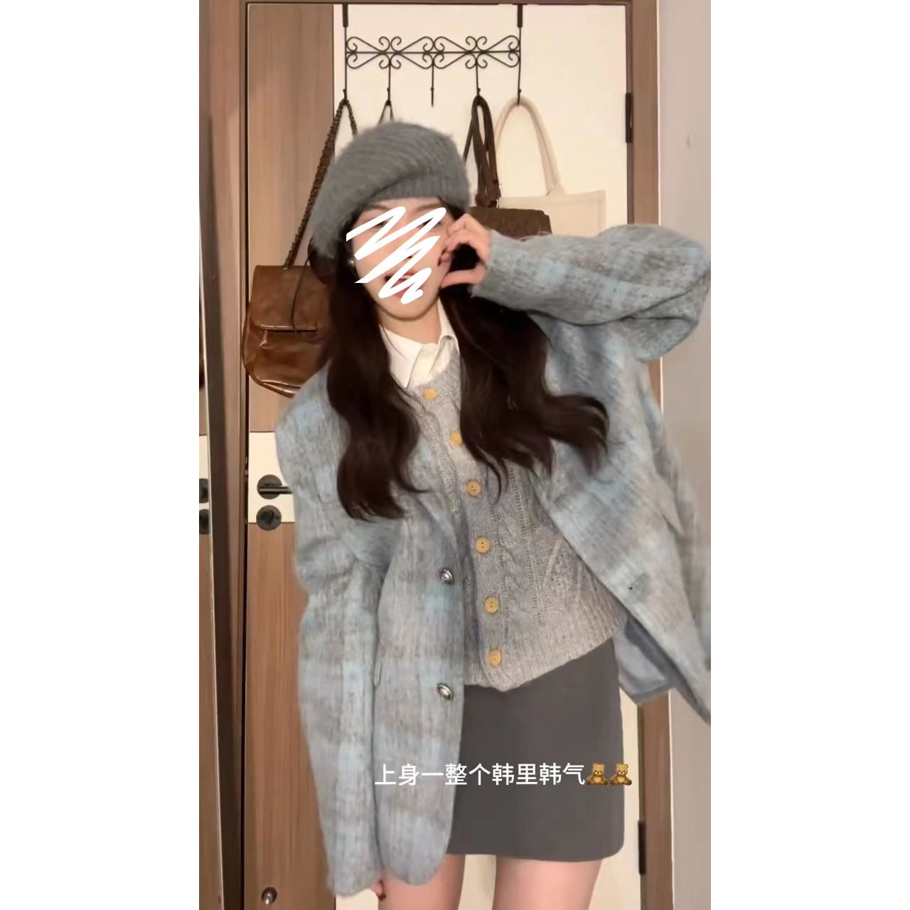 High-end Korean-style street-style long woolen plaid suit jacket for women in spring and autumn new style retro loose and versatile top trendy