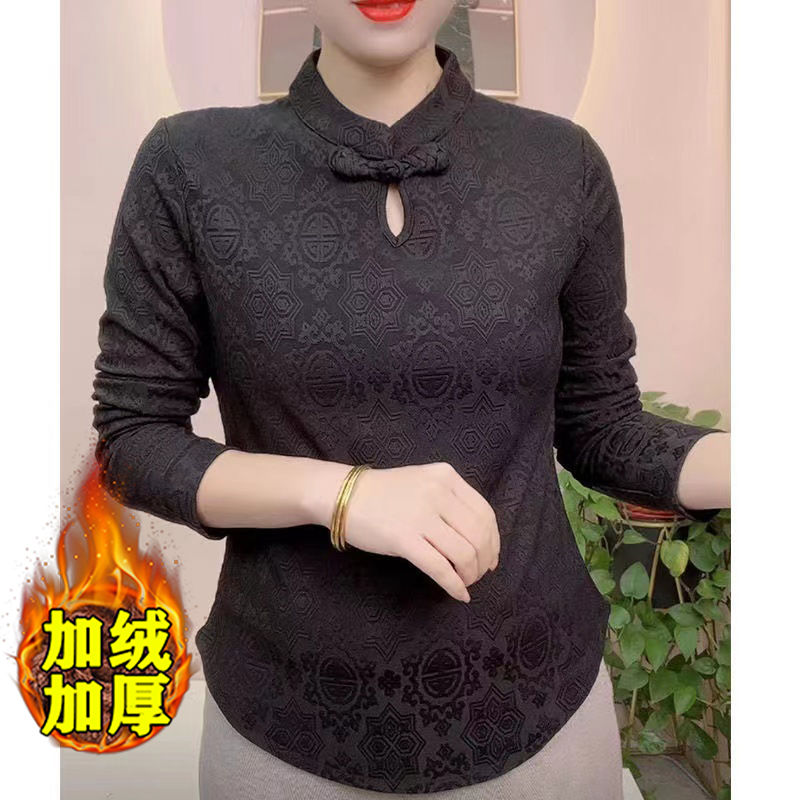 秋冬中式复古中国风洋气时尚磨毛国风提花盘扣长袖打底衫女T恤