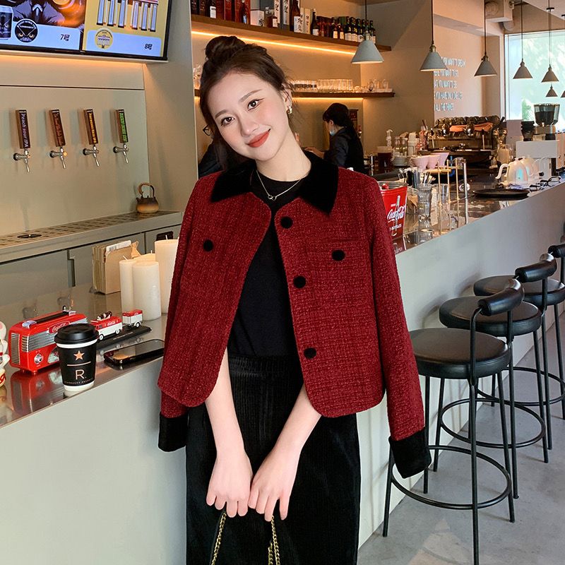 French style high-end jacket  autumn and winter new style elegant lady short red woolen top