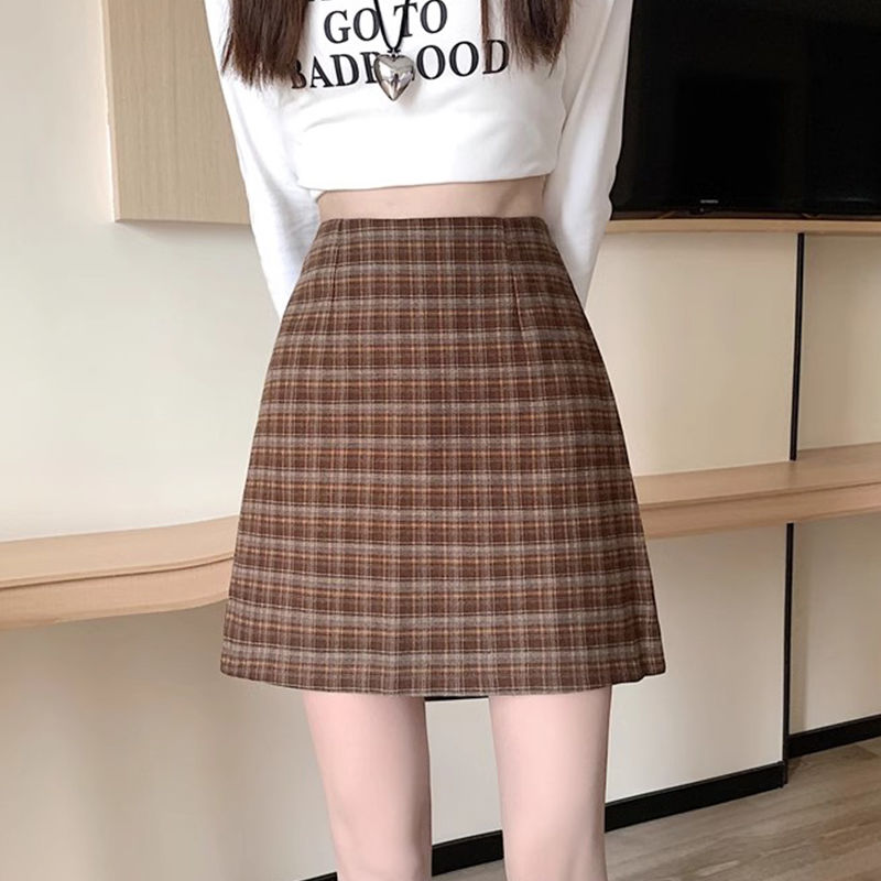 Designed plaid A-line skirt for small people, tight-fitting and sexy pure lust style hot girl anti-exposure slim ins style straight skirt