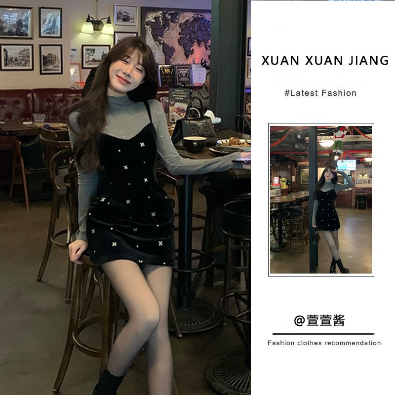 套裝女2024春新款純欲風辣妹收腰顯瘦絲絨吊帶連衣裙長袖打底上衣