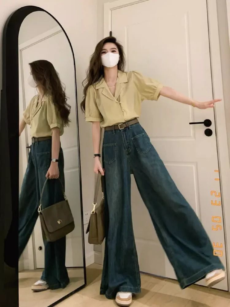 復古高腰闊腿牛仔褲女2024年早春新款美式薄款顯瘦感寬鬆直筒長褲