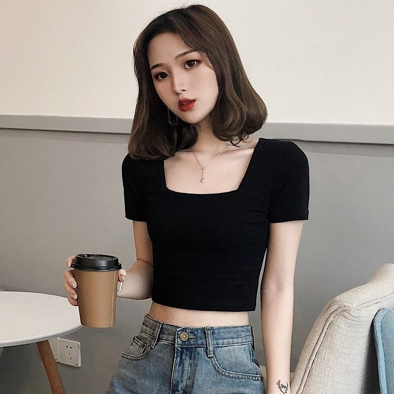 黑色短袖t恤女夏季方領緊身短款高腰小眾露臍別致上衣小個子純棉