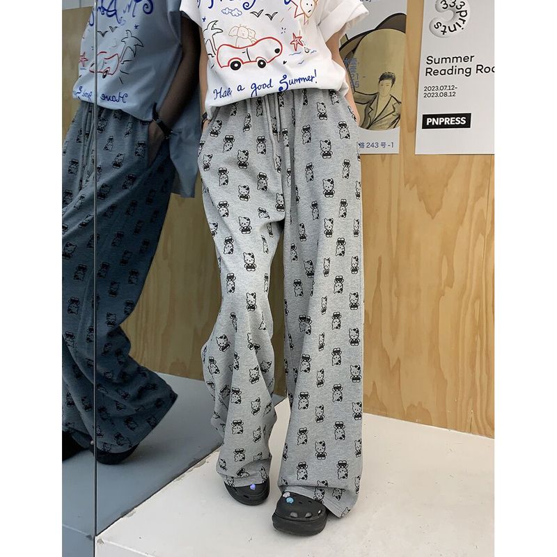 自製凱蒂貓高腰休閒褲女春秋新款印花長褲鬆緊腰寬鬆運動闊腿褲