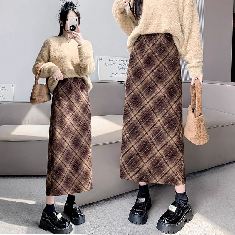 Mid-length plaid A-line skirt woolen plaid tight slit sexy hot girl style pure desire ins elastic waist skirt