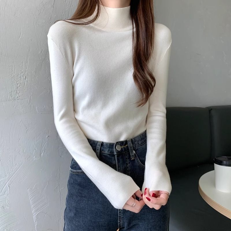 白色半高領毛衣女款2024新款秋冬內搭打底針織衫別致絕美上衣T恤