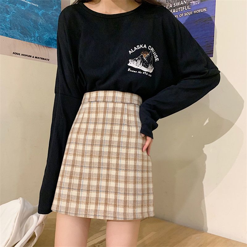 New style plaid A-line skirt for small people, tight-fitting pure lust style hot girl style sexy light luxury cover-up elastic waist one-line skirt