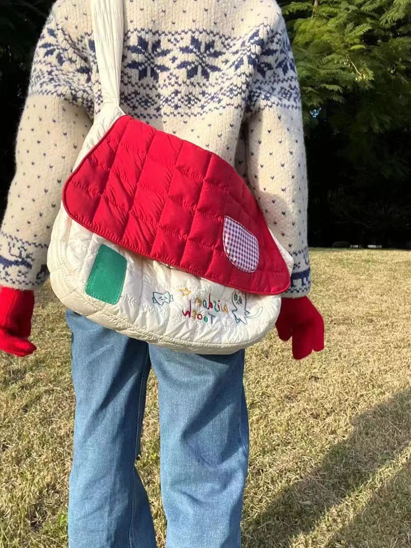 2024新款羽絨包大容量菱格斜挎托特單肩女小眾刺繡格子時尚托特包