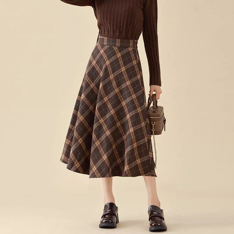 Lazy-style pleated A-line skirt for small people. Loose, luxurious, exquisite, slimming, elastic waist mid-length skirt.