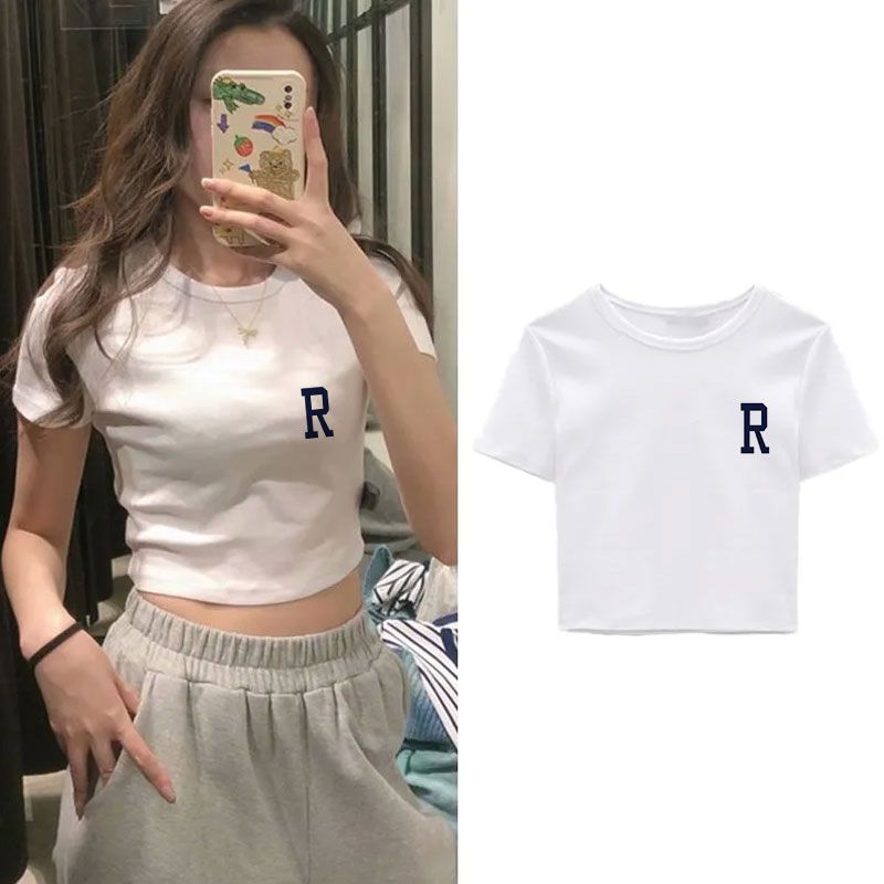 白色圓領短袖t恤女夏季純棉純色白t修身緊身顯瘦高腰短款體恤上衣