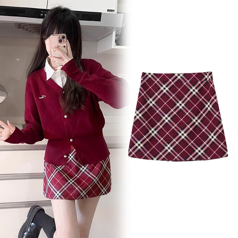 College-style plaid A-line skirt for small people, high-waisted elastic waist, anti-exposure woolen plaid hip-covering skirt, straight skirt