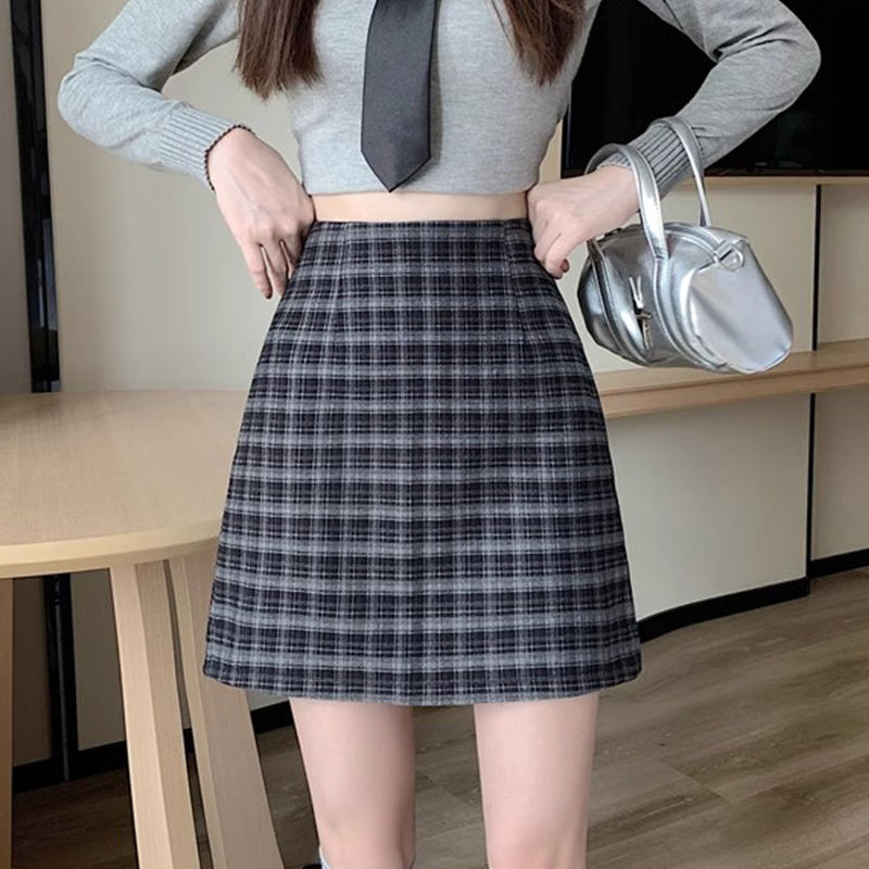 College style petite plaid A-line skirt tight casual pure lust style hot girl style sexy high elastic waist straight skirt