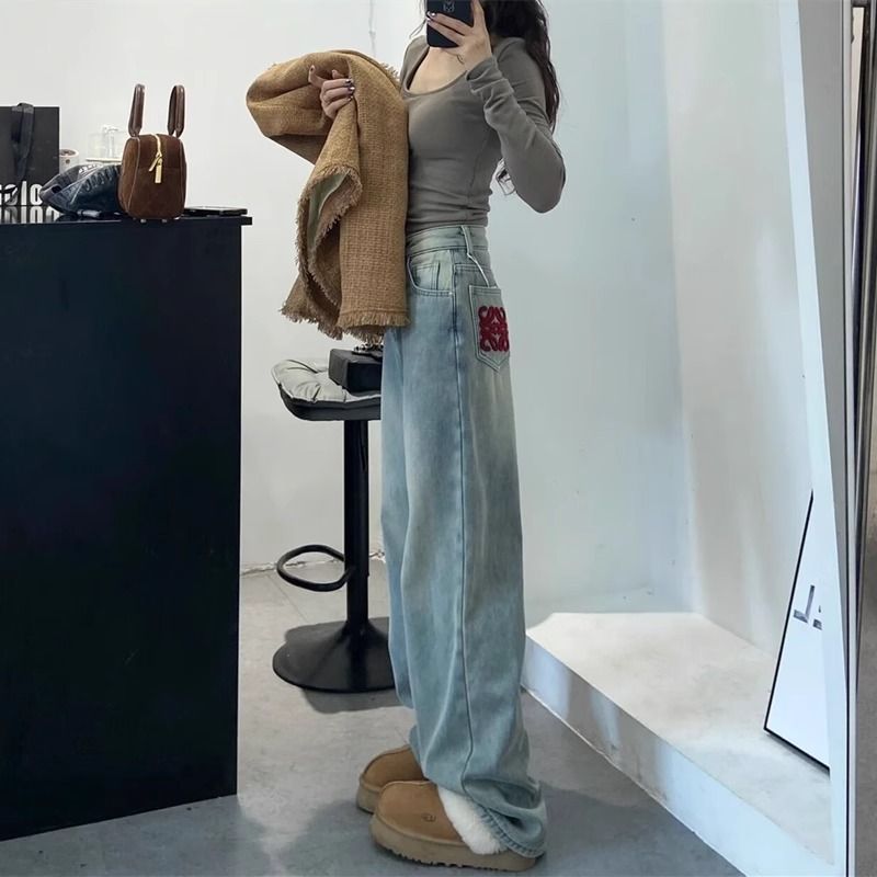 2024早春復古藍高腰顯瘦窄版闊腿直筒牛仔褲女淺色做舊刺繡款褲子