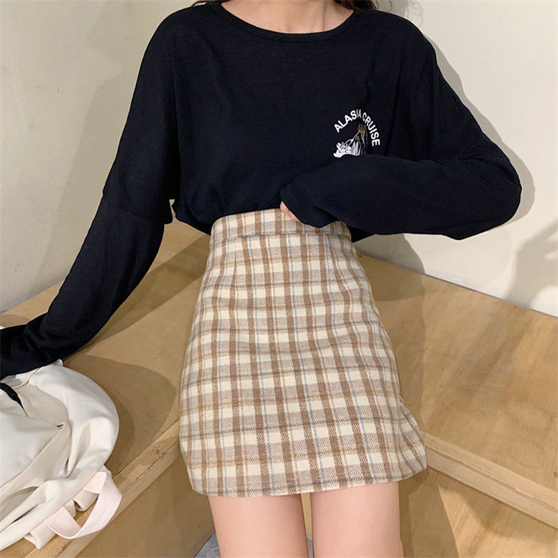 New style plaid A-line skirt for small people, tight-fitting pure lust style hot girl style sexy light luxury cover-up elastic waist one-line skirt
