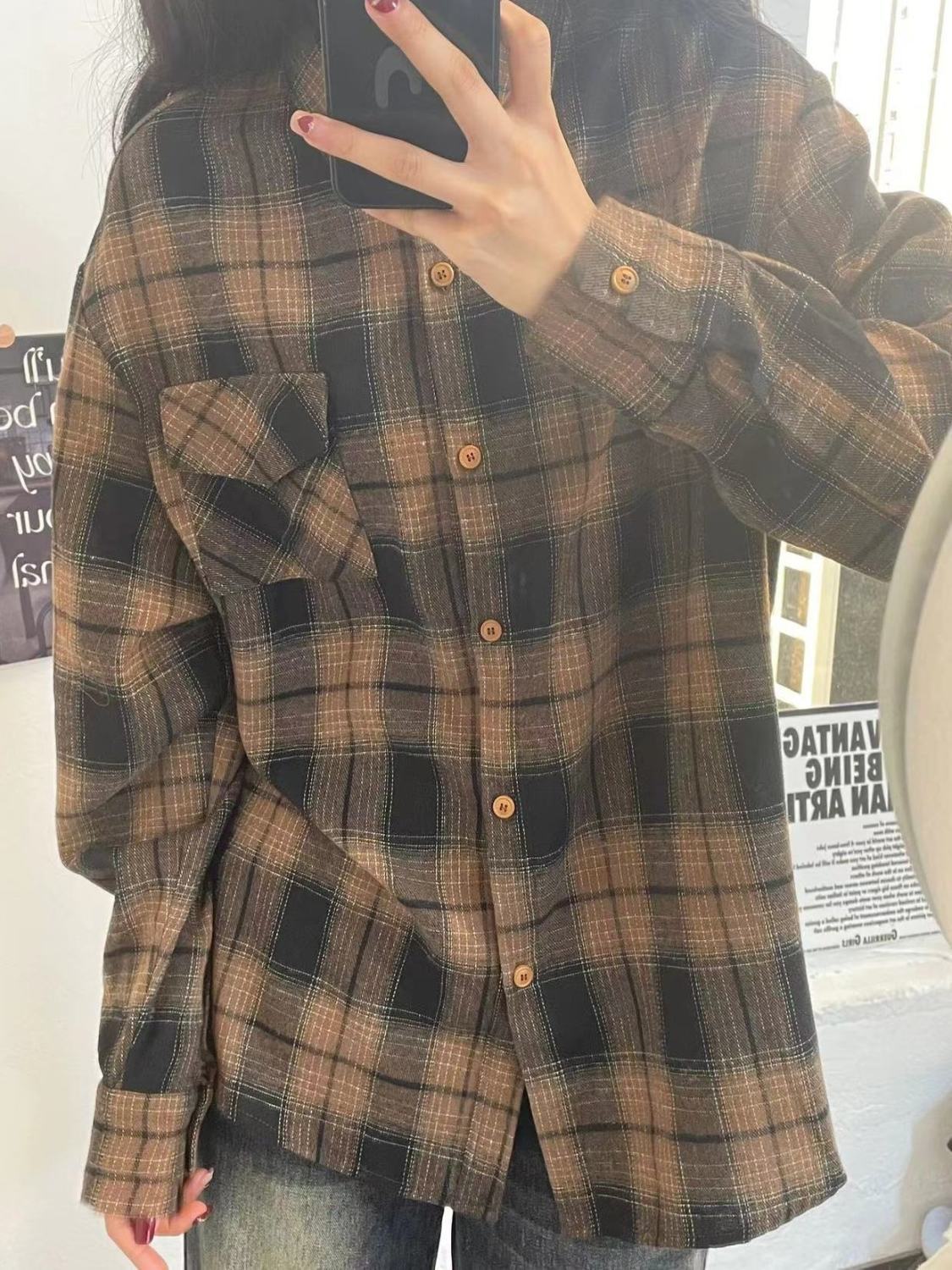 復古輕奢棕色格子襯衫女寬鬆休閒慵懶風垂墜感情侶款長袖襯衣外套