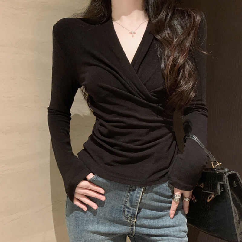 黑色褶皺交叉v領打底衫女春季內搭設計感小眾修身顯瘦長袖t恤上衣