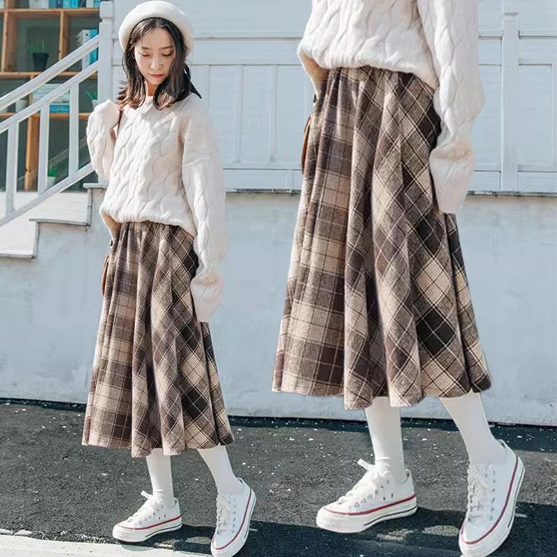 Lazy-style pleated mid-length style A-line skirt for small people, casual, loose, slim, versatile and fashionable skirt
