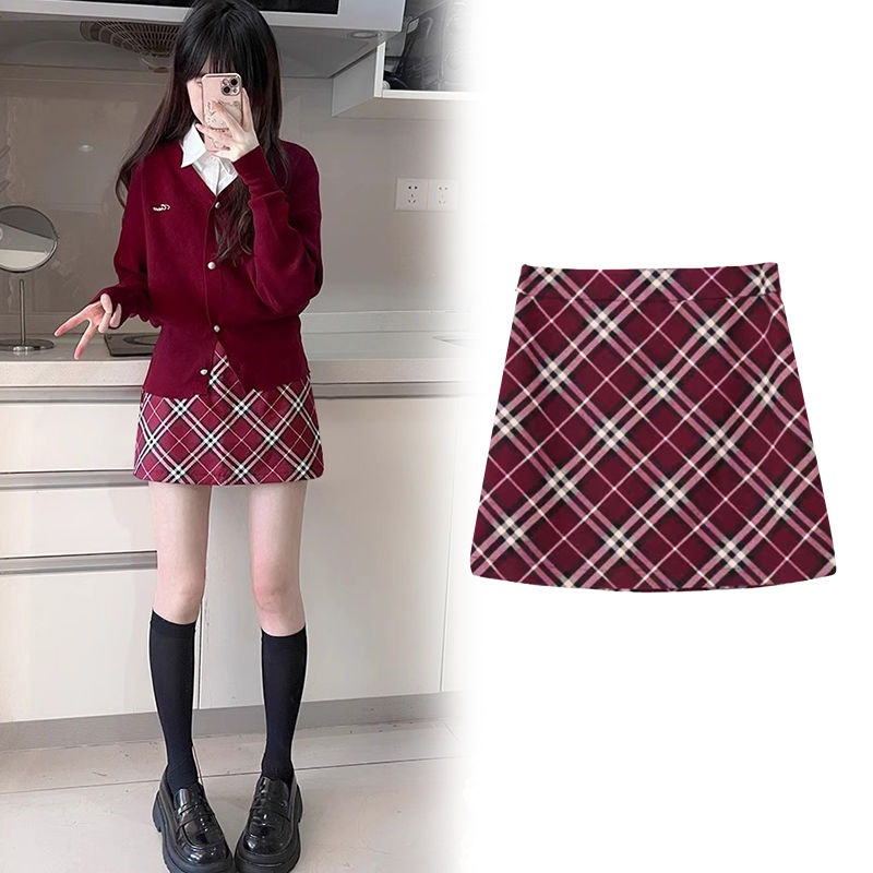 College-style plaid A-line skirt for small people, high-waisted elastic waist, anti-exposure woolen plaid hip-covering skirt, straight skirt
