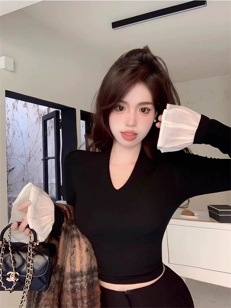 韓系甜美溫柔高級氣質上衣小眾設計感喇叭袖打底衫V領長袖t恤女春