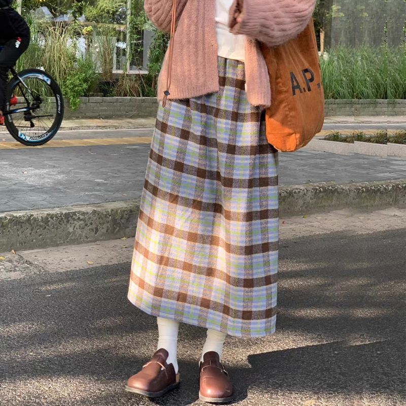 Japanese lady style petite pleated A-line skirt mid-length loose small fragrance style high waist elastic waist ins skirt