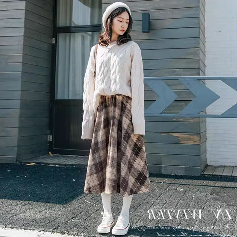Lazy-style pleated mid-length style A-line skirt for small people, casual, loose, slim, versatile and fashionable skirt