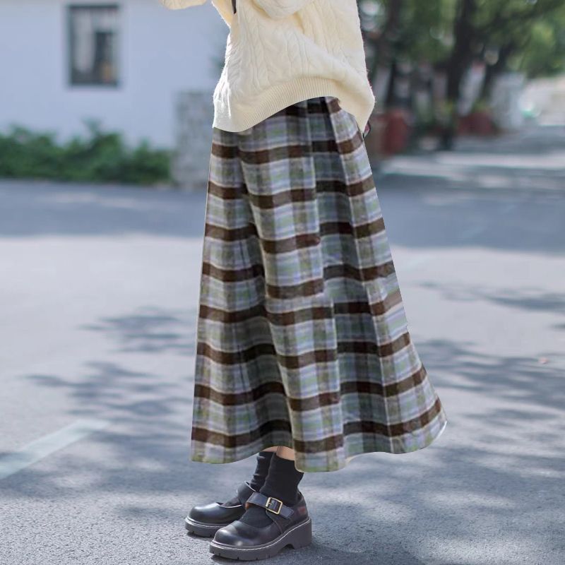 Japanese lady style petite pleated A-line skirt mid-length loose small fragrance style high waist elastic waist ins skirt