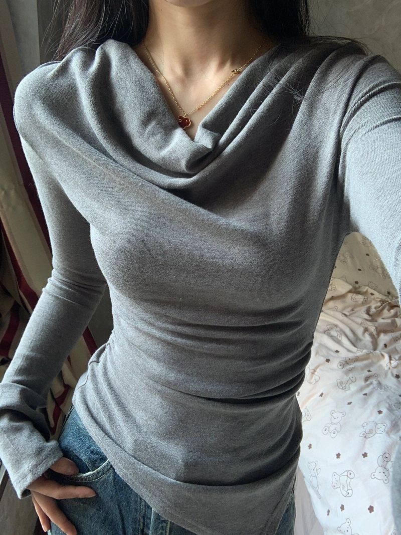 法式盪領長袖t恤女裝早春新款設計感小眾修身收腰顯瘦打底衫上衣
