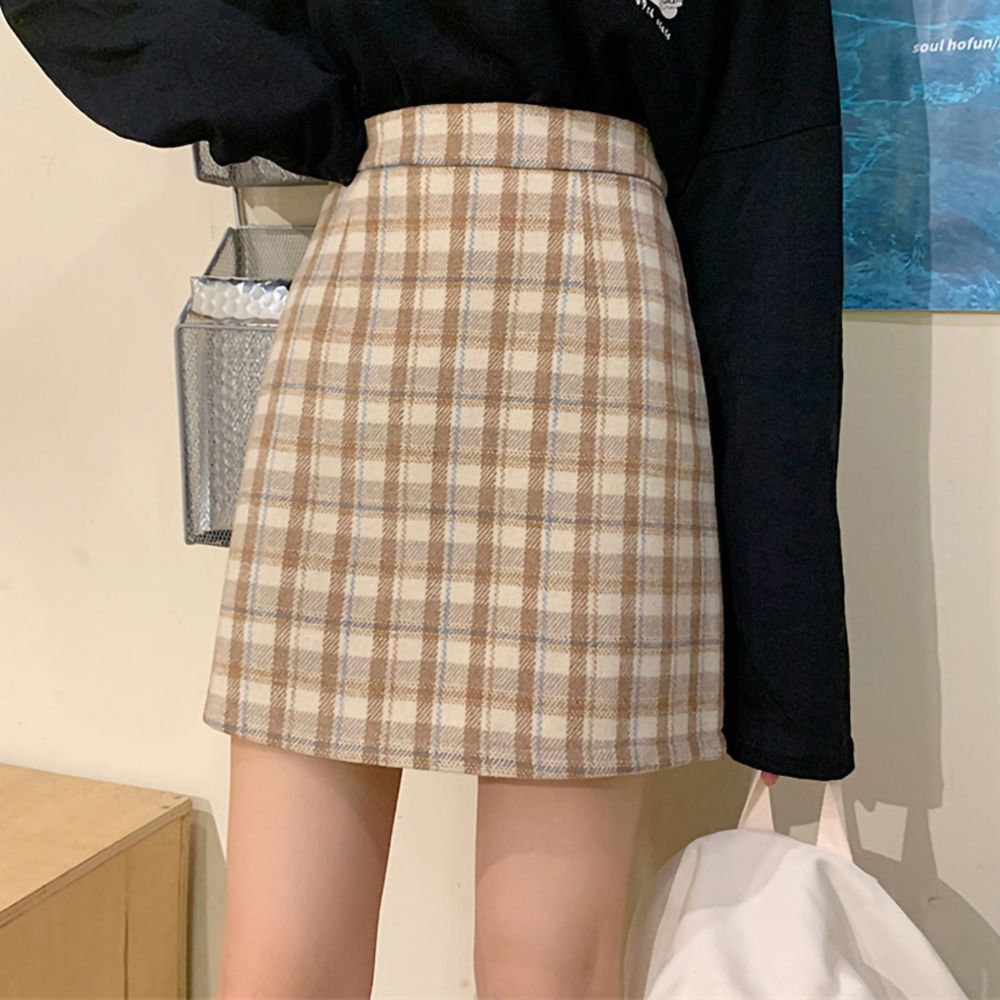 Plaid A-line skirt for small people, tight-fitting pure lust style hot girl style age-reducing cover-up casual high-waist elastic waist straight skirt