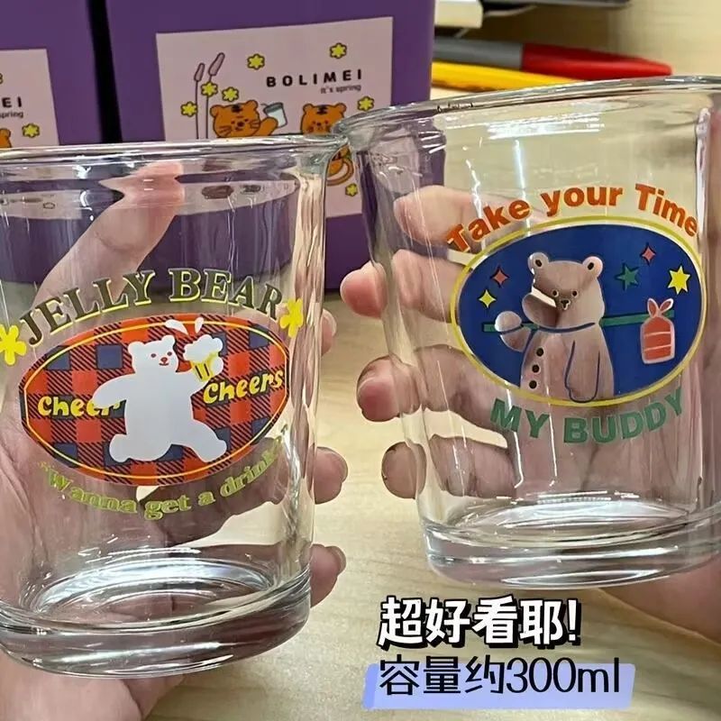 韩国ins可爱小众设计咖啡杯卡通插画印花小熊小兔玻璃牛奶饮水杯
