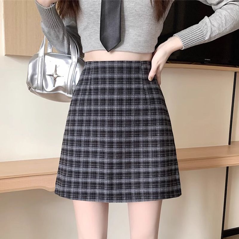 College style petite plaid A-line skirt tight casual pure lust style hot girl style sexy high elastic waist straight skirt