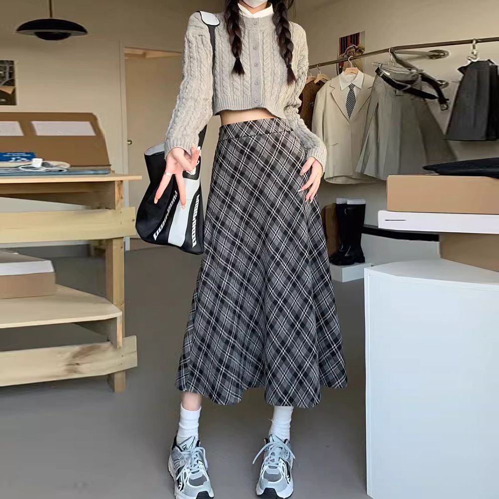 College style lady style petite plaid A-line skirt loose irregular style casual ins mid-length skirt