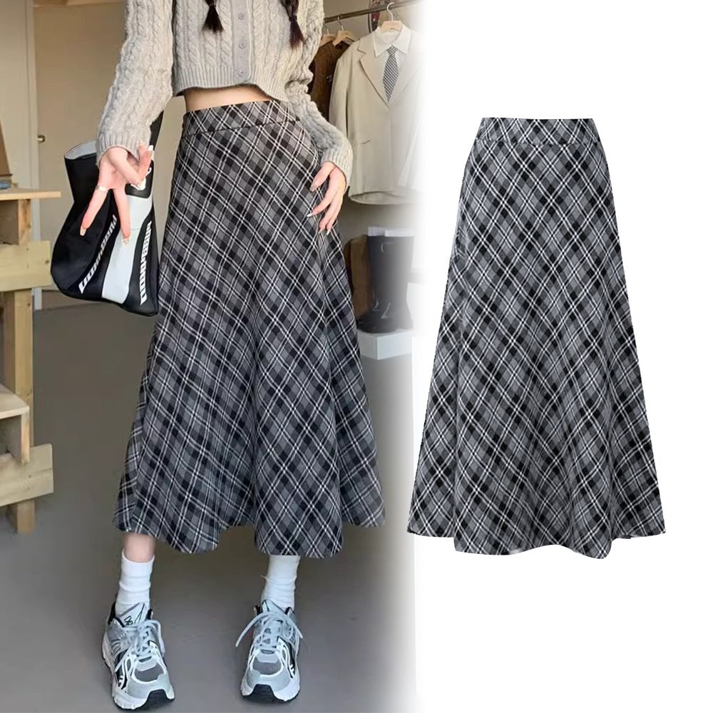 Little lady style retro plaid A-line skirt mid-length pleated irregular casual high elastic waist skirt