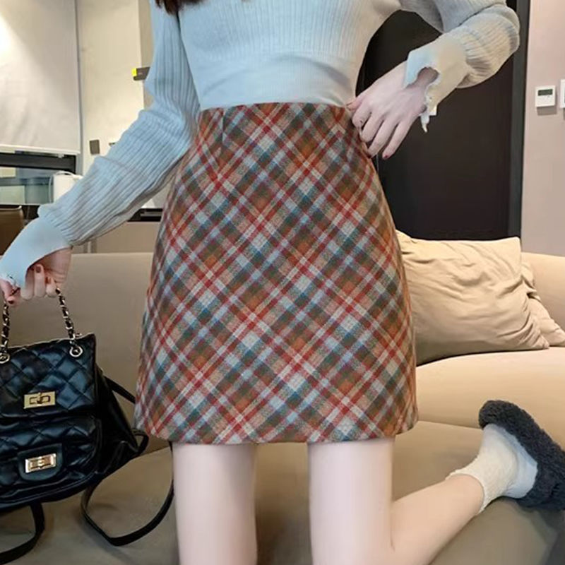 Wool plaid A-line skirt for small people, tight-fitting pure lust style, hot girl style, age-reducing, light luxury, exquisite and western style straight skirt