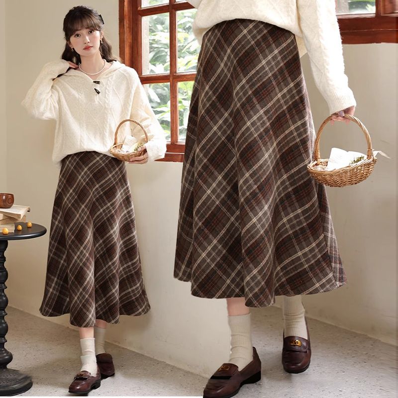 Small preppy style pleated A-line skirt, casual, loose, stylish, slimming, elastic waist, woolen plaid skirt