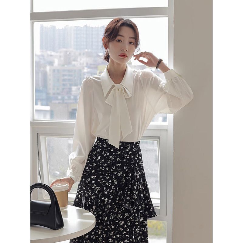 CONGRAZIO/格瑞吉奧系帶蝴蝶結上衣女簡約法式輕熟春秋長袖白襯衫
