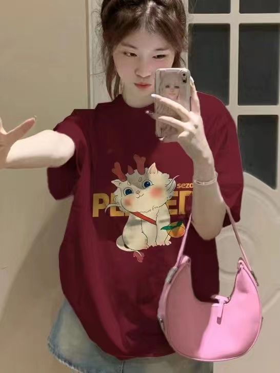 100%純棉酒紅色潮牌短袖t恤女夏季2024新款美式復古寬鬆半袖上衣