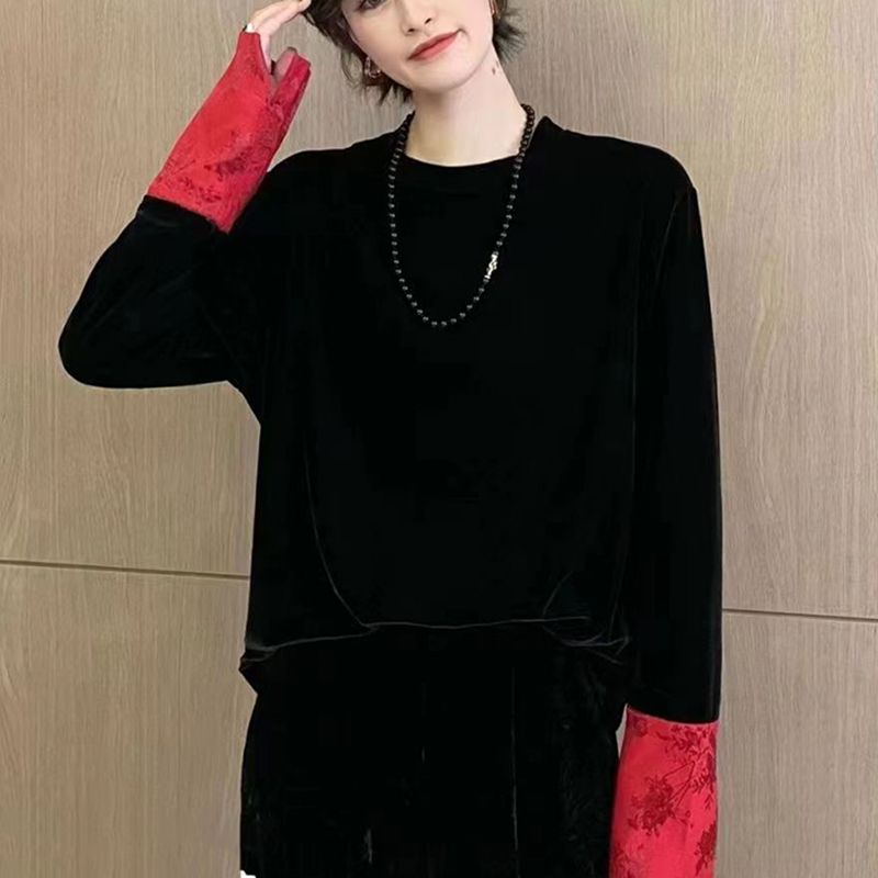 2024春季中式圓領打底衫輕奢國風復古緞面袖撞色絲絨拼接襯衫女