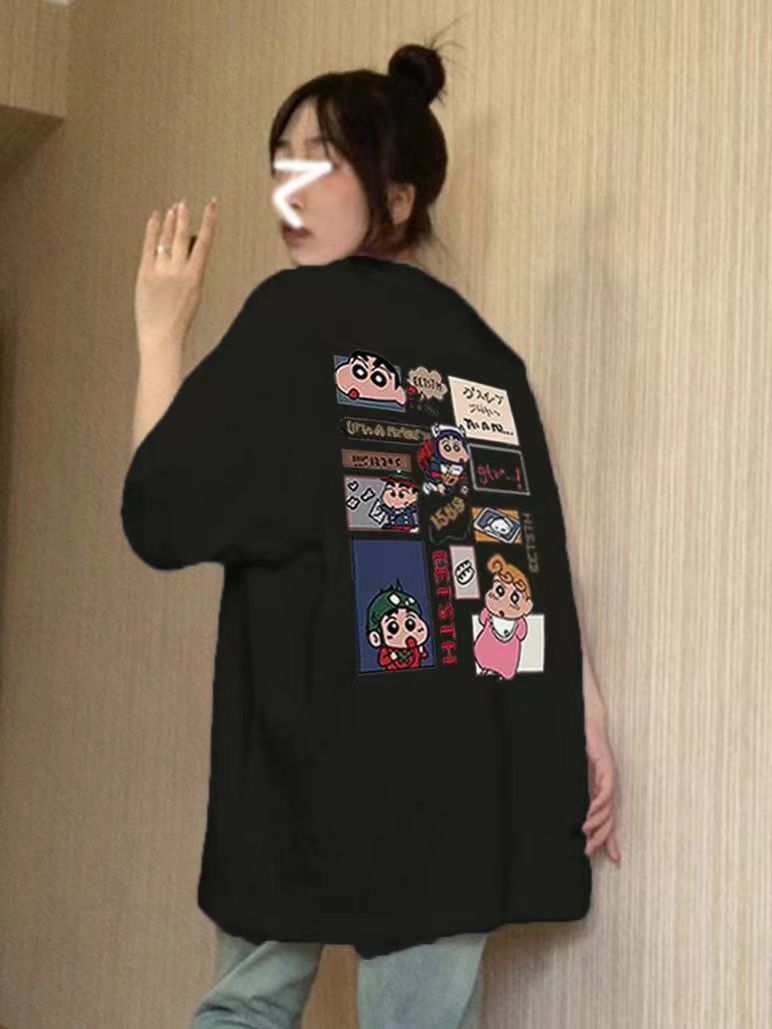 100%純棉黑色卡通短袖T恤女2024新款夏季寬鬆oversize半袖上衣潮