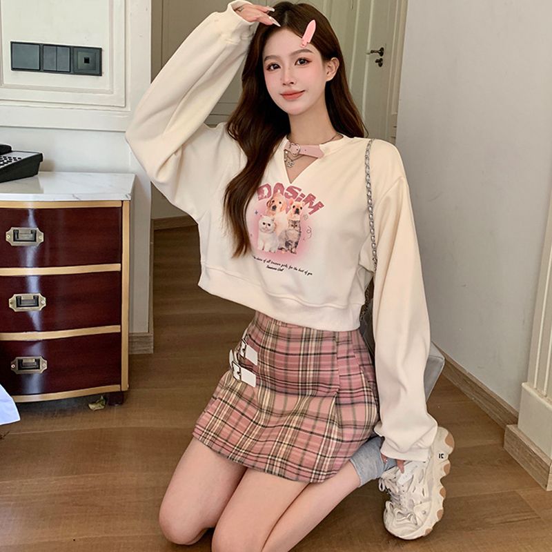Sweet style plaid A-line skirt for small people. Design to prevent exposure. Exquisite high-waist elastic waist one-line skirt straight skirt.