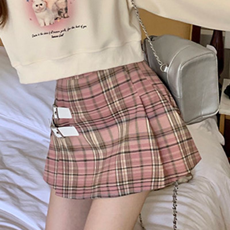 Sweet style plaid A-line skirt for small people. Design to prevent exposure. Exquisite high-waist elastic waist one-line skirt straight skirt.