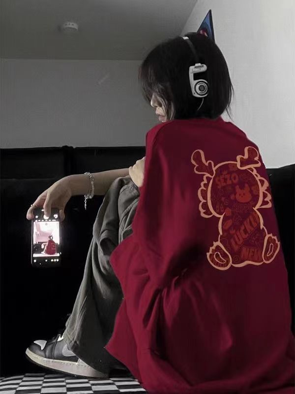 100%純棉酒紅色潮牌短袖t恤女夏季2024新款美式復古寬鬆半袖上衣