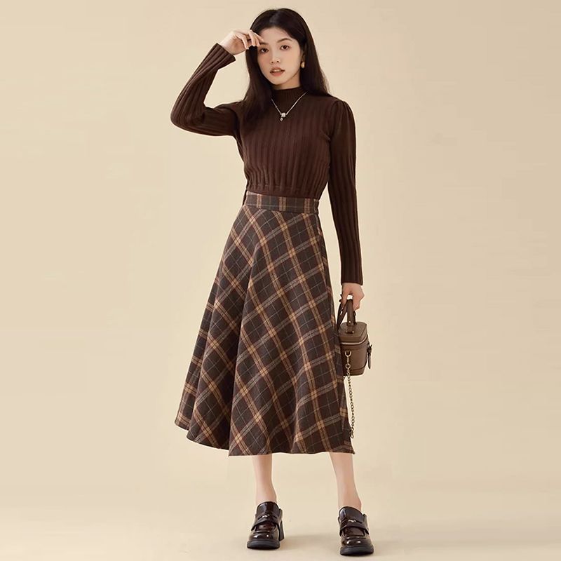 Lazy-style pleated A-line skirt for small people. Loose, luxurious, exquisite, slimming, elastic waist mid-length skirt.