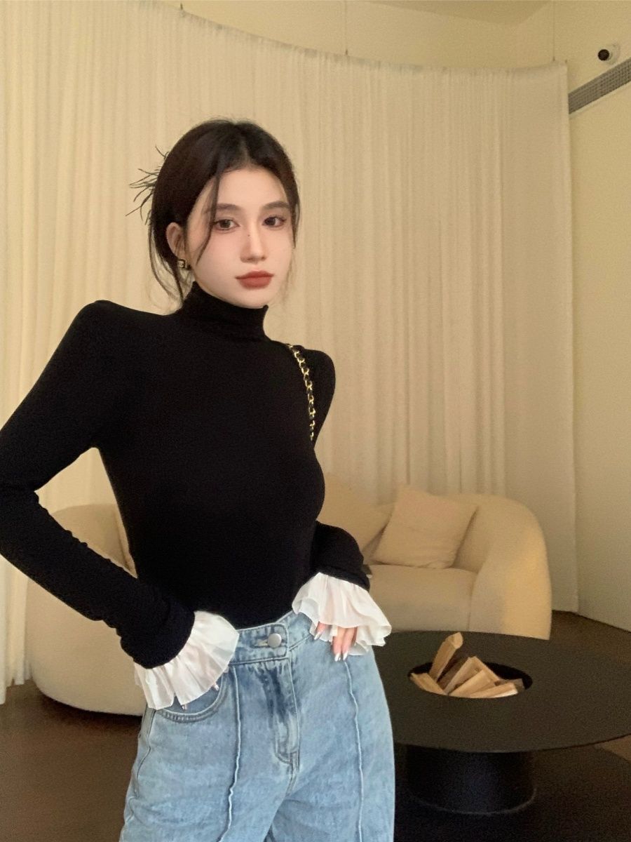 純欲法式黑色半高領長袖打底衫t恤女秋冬新款修身顯瘦高級感上衣