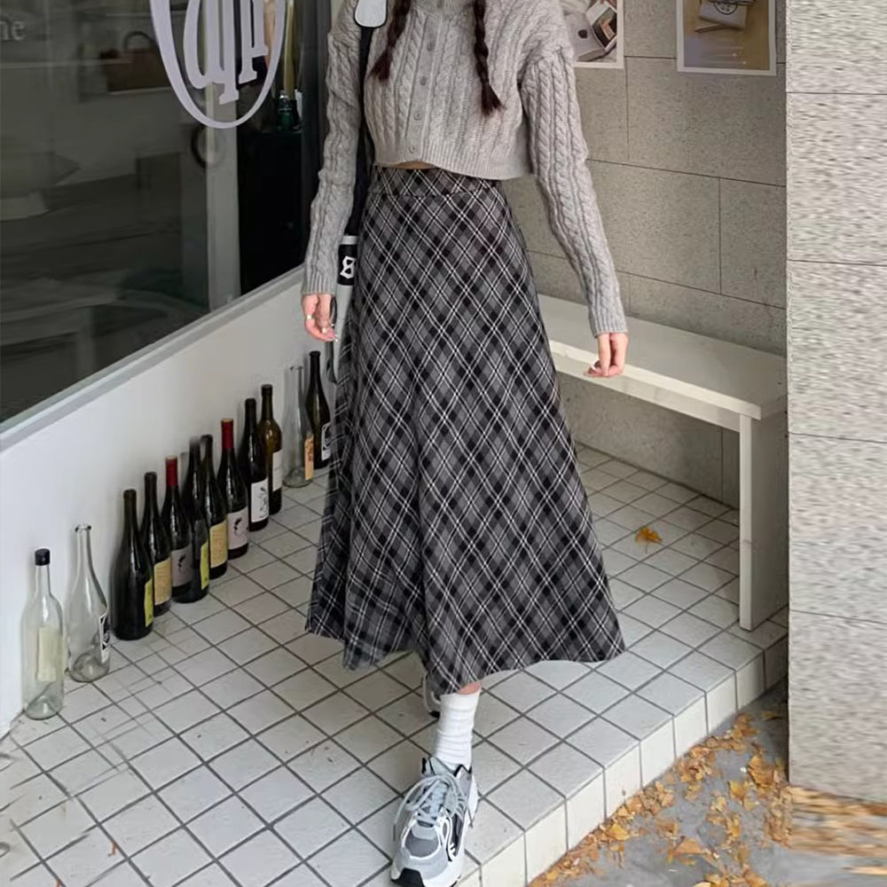 College style lady style petite plaid A-line skirt loose irregular style casual ins mid-length skirt