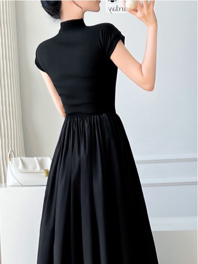 High-end black dress for women's summer new niche design French Hepburn style waist slimming long skirt