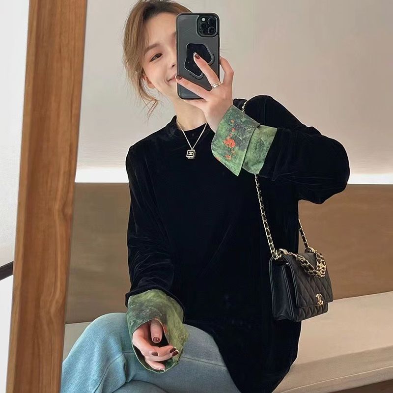 春季時尚新款拼接撞色寬鬆圓領上衣女新中式高級感小眾氣質T恤潮