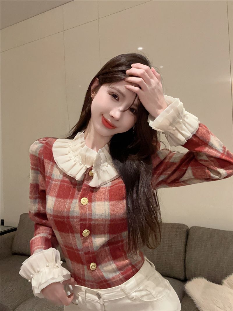 Rich family daughter retro plaid shirt doll collar sweet long-sleeved French niche short versatile jacket top for women