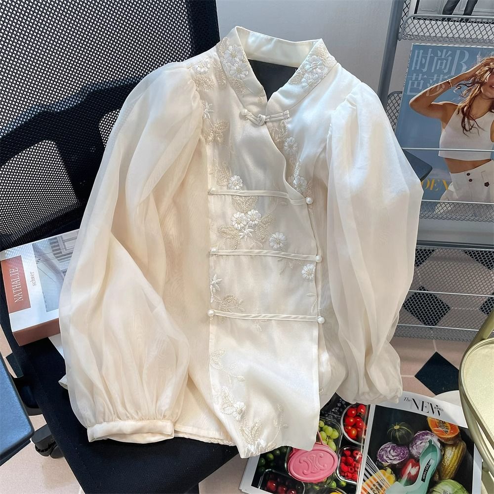 法式宮廷風新中式花朵盤扣襯衫女春季新款別致設計感小眾長袖上衣