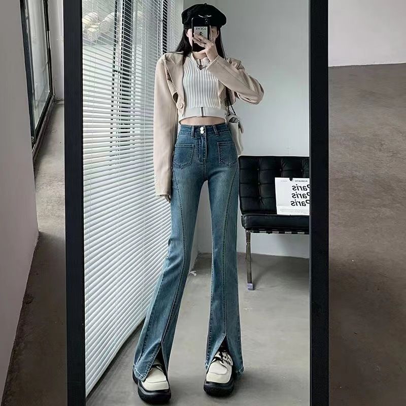 Slit micro-flare Korean style jeans for women with drapey spring and autumn new elastic high-waisted slimming versatile design floor mopping pants